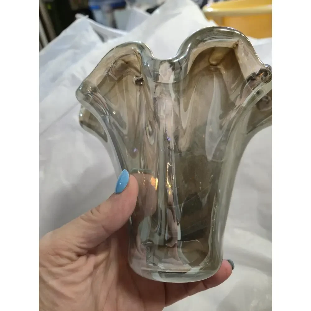 Vintage Italian Art Glass Ruffled Candle Holders Pair Smoke Gray Tammaro